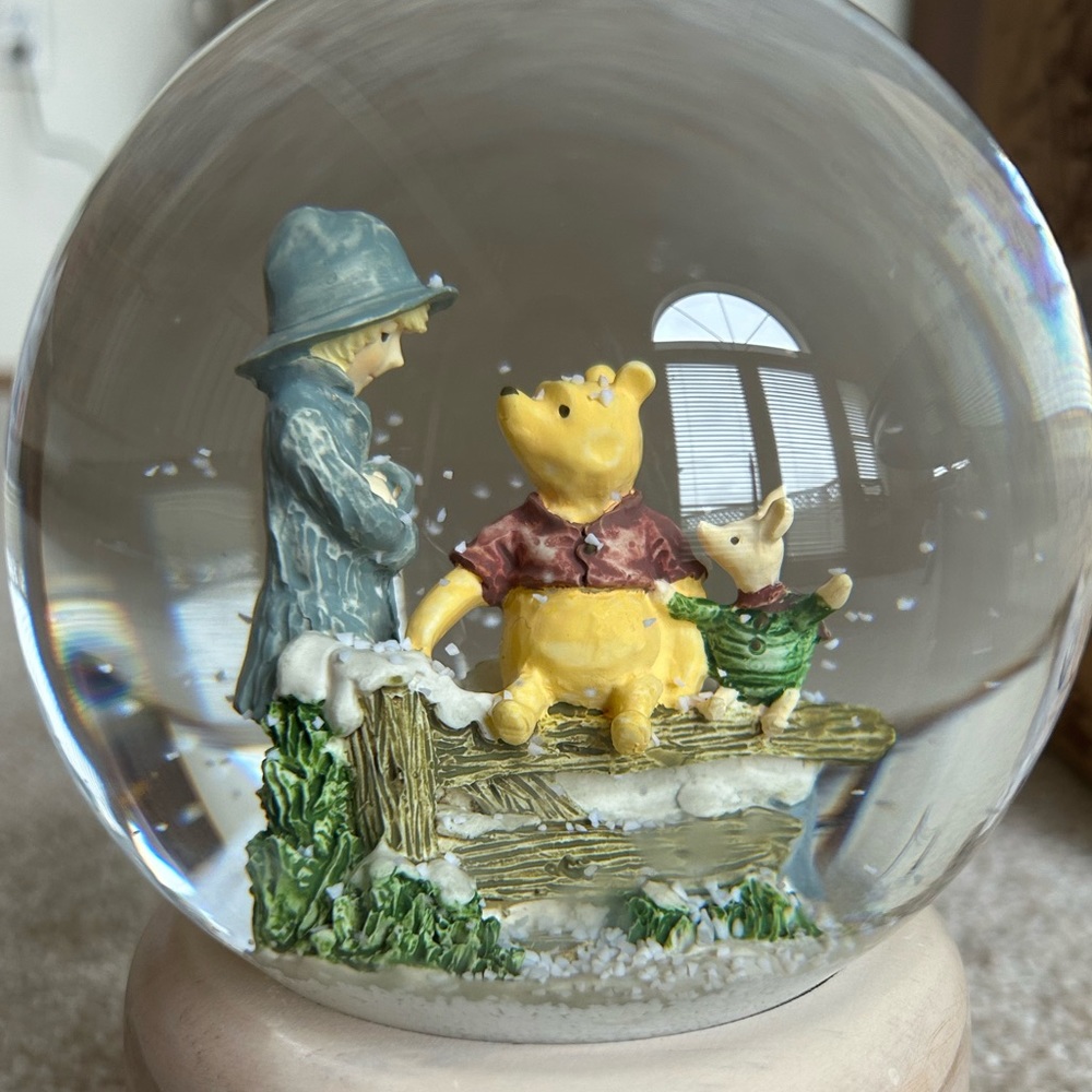 Vintage Pooh on Fence Snow Globe. Pooh, Piglet & Christopher Robin.